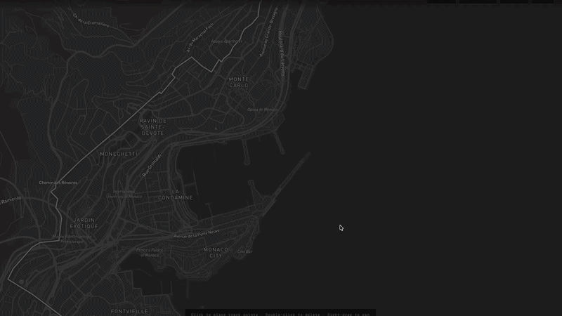 F1 Circuit Designer in action — a user traces a custom racing circuit along real city streets, with the route snapping to roads and calculating lap distance in real time